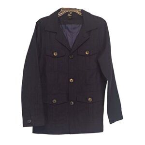 Linen Cargo Jacket L Blazer Pockets Notch Nautical Blue 100% Linen